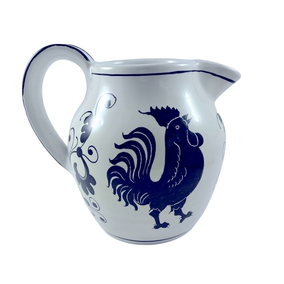 Peasant Village Ceramic Black & White Rooster Pitcher & Plate Set Made in Italy - Picture 4 of 11